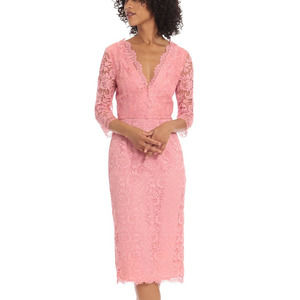 Maggy London NWT Pink V-Neck Lace Midi Dress 3/4 Sleeves Size 10 Blush Pink